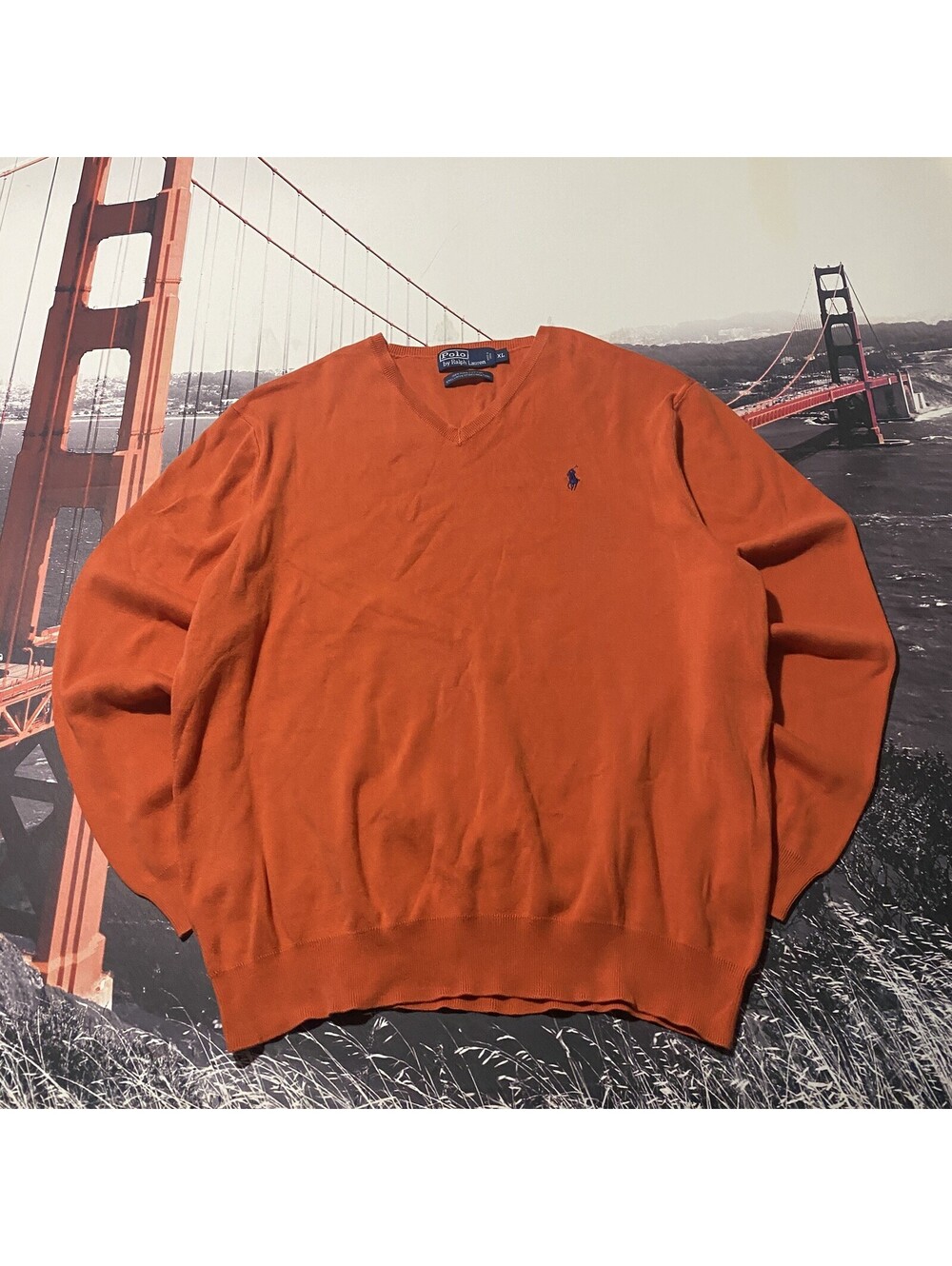 Vintage Polo Ralph Lauren Pima Cotton V Neck Sweater Orange Men’s Size XL Preppy